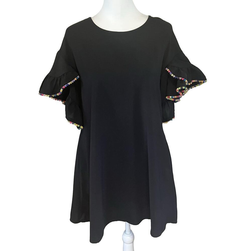 Very J Black Ruffle Sleeve Dress M Pom Pom Trim Shift Party Boho Fiesta Fun